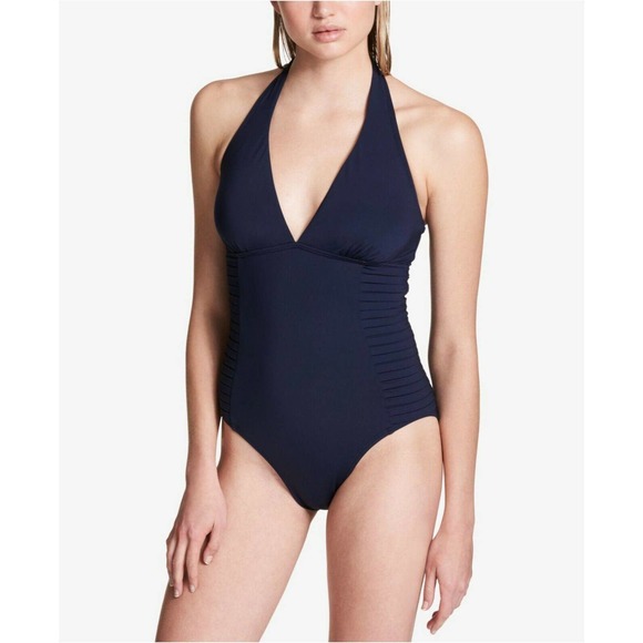 Calvin Klein navy pleated sides halter one piece swimsuit size 8 - Picture 1 of 5